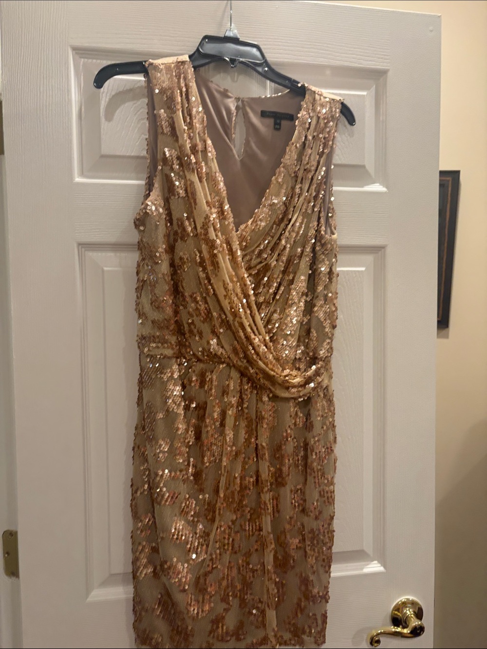David Meister Rose Gold Sequin Draped V-Neck Midi Dress